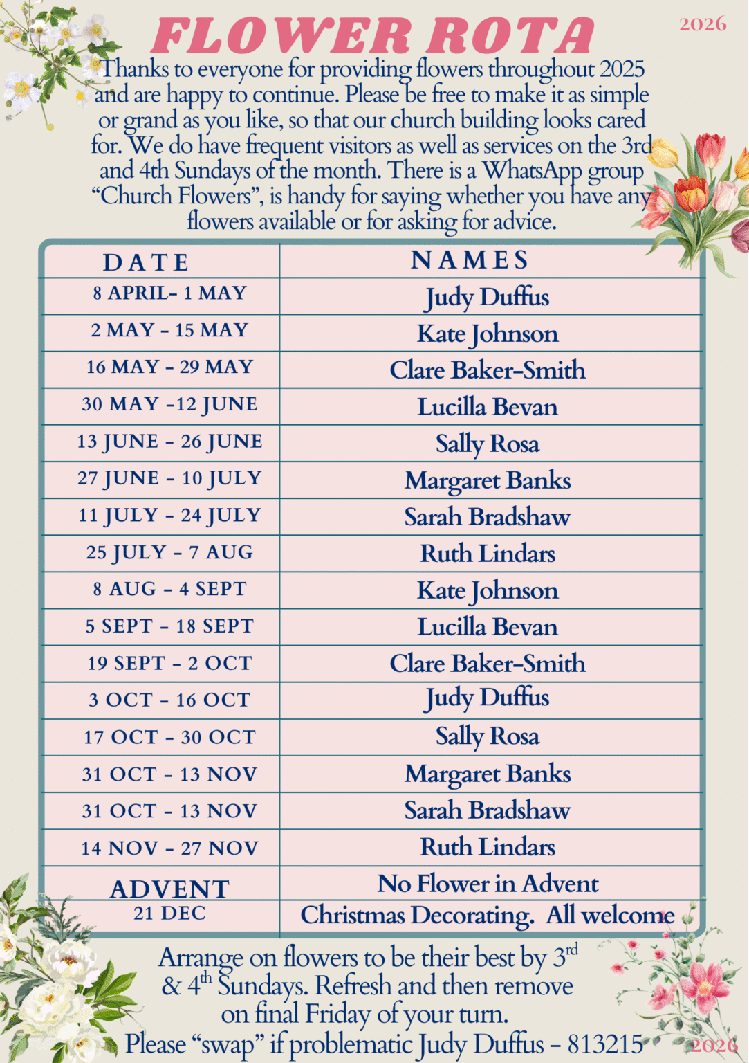 Church Rota Sample Church Rotas – Great Elm Village